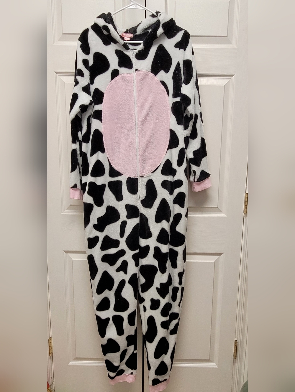 Adult Size Cow-Print Hooded Onesie Pajama Costume with Pink Belly